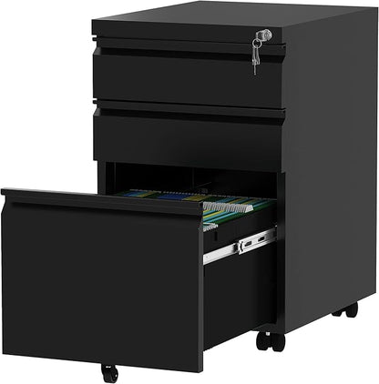 YITAHOME 3-Drawer Mobile File Cabinet with Lock, Office Storage Filing Cabinet for Legal/Letter Size, Pre-Assembled Metal File Cabinet Except Wheels Under Desk -Black