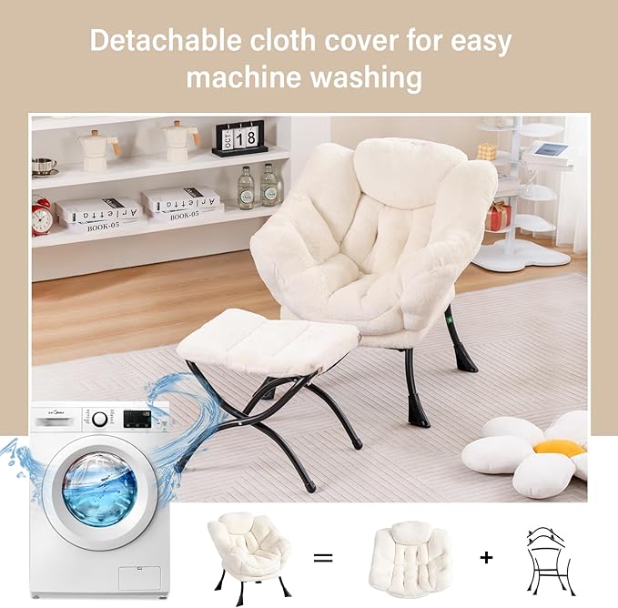 Welnow Toddler Kids Lazy Chair with Ottoman, Accent Comfy Lounge Children Armchair Couch with Armrest and Removable Cover, Detachable Reading Chair with Footrest for Boy or Girl, Plush Beige