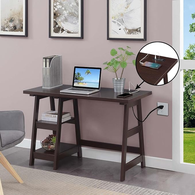 Convenience Concepts Designs2Go Trestle Desk with Charging Station and Shelves, Espresso