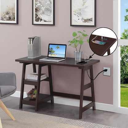 Convenience Concepts Designs2Go Trestle Desk with Charging Station and Shelves, Espresso