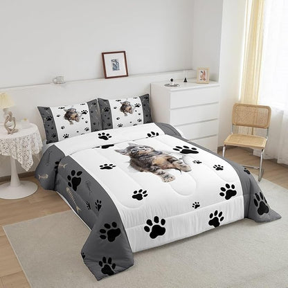 Kids Cat Comforter Set King,3D Cute Kawaii Cat Bedding Set Lovely Animal Kitten Paw Print Down Comforter for Girls Boys Cat Lovers' Bedroom,Fish Bone Decor Quilt Duvet Set Grey White 2 Pillow Cases