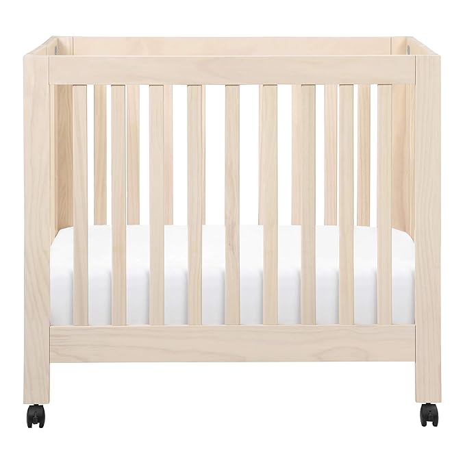 Babyletto Origami Mini Portable Crib Folding with Wheels in Washed Natural, 2 Adjustable Mattress Positions, Greenguard Gold Certified