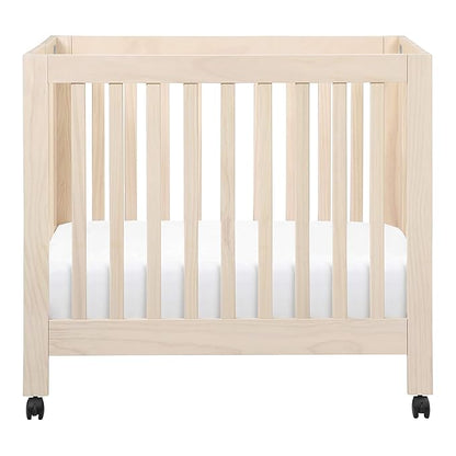 Babyletto Origami Mini Portable Crib Folding with Wheels in Washed Natural, 2 Adjustable Mattress Positions, Greenguard Gold Certified