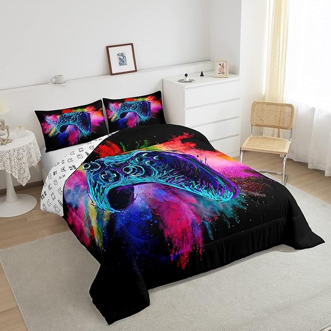 Erosebridal Boys Gaming Bed Comforter Set King Size,Kids Gamer Bedding Sets Girls,Colorful Tie Dye Video Game Quilt Comforter Navy Blue Gamepad Lightweight Bedding Set 1 Comforter with 2 Pillowcases
