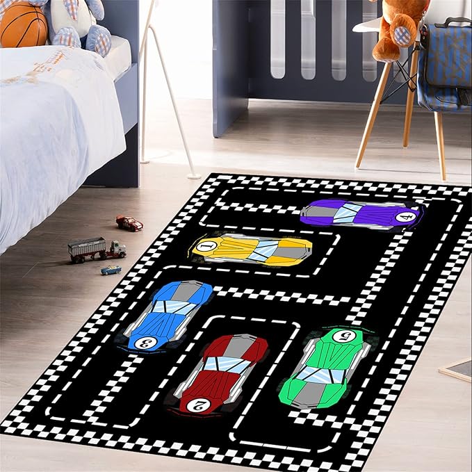 Car Rug Race Car Rug Car Track Rugs for Boys Race Track Carpet Race Car Track Rug Car Rug for Boys Room Car Rug Play Mat Car Carpet for Kids Rugs for Boys Bedroom,Black 3'×4'