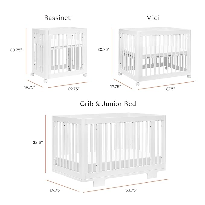 Babyletto Yuzu Convertible All-Stages Bassinet, Midi, Full-Size Crib in White, Greenguard Gold Certified, Portable & Adjustable with Conversion Kits and Pads Included