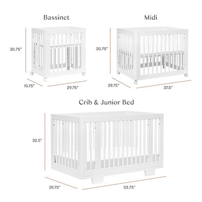 Babyletto Yuzu Convertible All-Stages Bassinet, Midi, Full-Size Crib in White, Greenguard Gold Certified, Portable & Adjustable with Conversion Kits and Pads Included