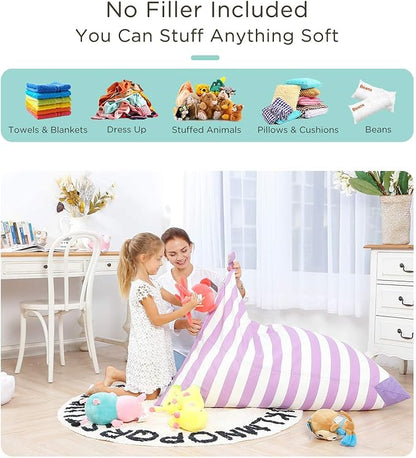 Aubliss Stuffed Animal Storage Bean Bag Chairs Cover, 50"x 35" Extra Large Bean Bags Chair for Kids & Adults, Beanbag Toy Storage for Boys Girls - Premium Cotton Canvas Purple Stripe