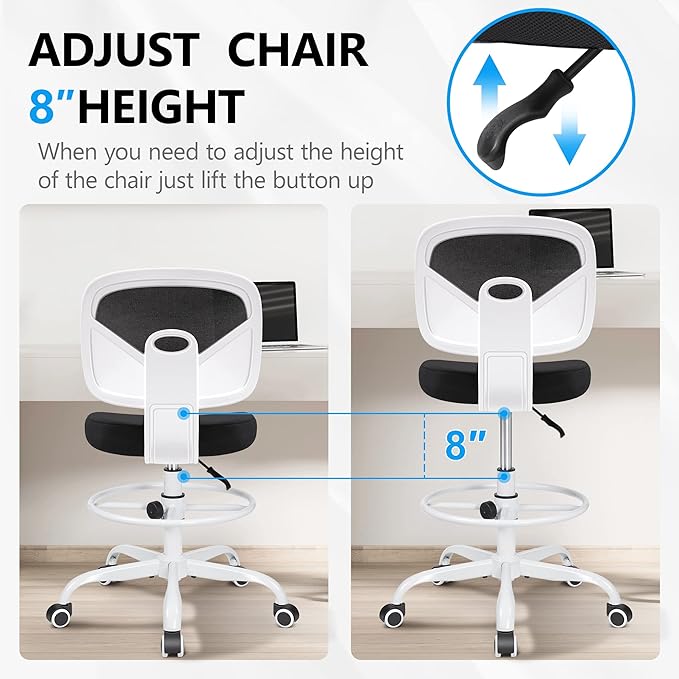 Primy Office Drafting Chair Armless, Tall Office Desk Chair Adjustable Height and Footring, Mid-back Ergonomic Standing Desk Chair Mesh Rolling Tall Chair for Art Room, Office or Home(White)