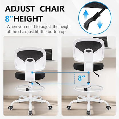 Primy Office Drafting Chair Armless, Tall Office Desk Chair Adjustable Height and Footring, Mid-back Ergonomic Standing Desk Chair Mesh Rolling Tall Chair for Art Room, Office or Home(White)