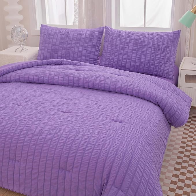 King Bed in a Bag Purple Seersucker Comforter Set 3-Pieces Microfiber Lightweight Comforter All Season Bedding Sets with 2 Pillowcases……