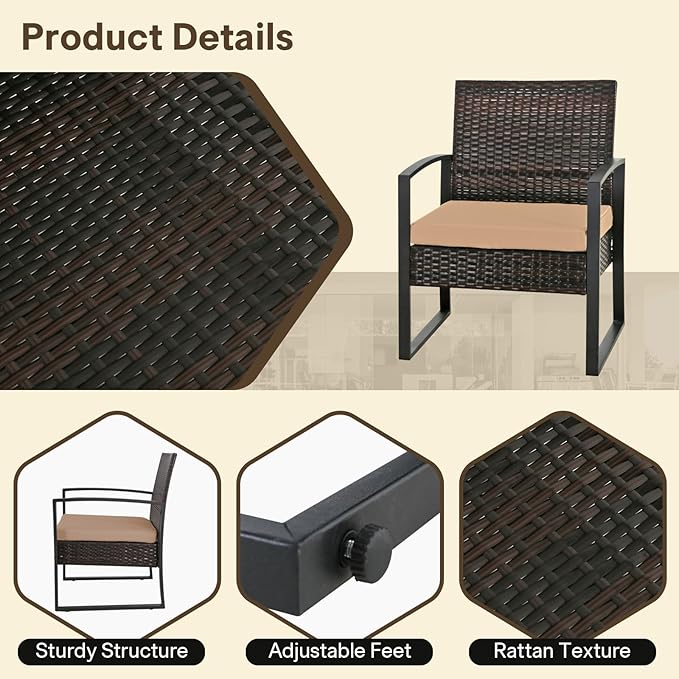 3 Pieces Patio Furniture Set, Outdoor Patio Set, Patio Bistro Set, All-Weather Wicker Conversation Set with Cushions Table for Porch Backyard (Brown-Brown)