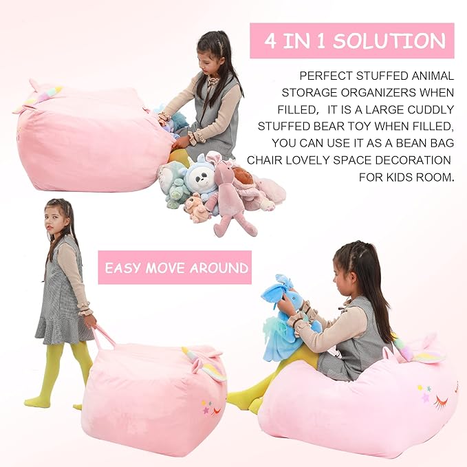 Unicorn Stuffed Animal Toy Storage, Kids Bean Bag Chair COVER ONLY, Velvet Extra Soft Stuffed Organization Replace Mesh Toy Hammock for Kids Blankets Towels Clothes Home Supplies Pink