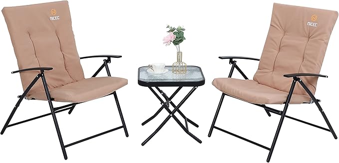 Nice C Outdoor Dining Sets, Patio Furniture Set, 8 Piece Set with Umbrella, Garden Outdoor Furniture Table Set with Tilted Removable Umbrella, Glass Table, and 6 Folding Chairs (Nude-3 Piece)
