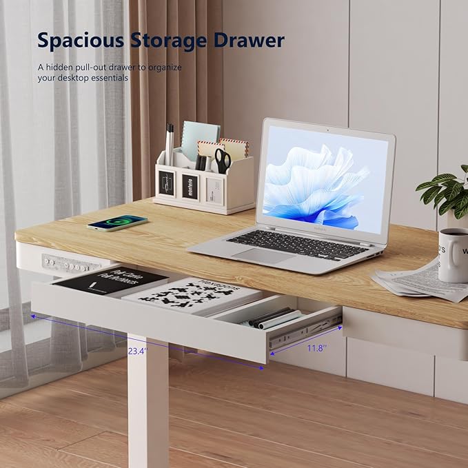 Standing Desk with Drawer and Wireless Charging,48x24 inch Dual Motor Standing Desk, Sit Stand Desk with Whole-Piece Desktop,Stand Up Desk for Home Office(White Oval Legs + Bamboo Top)