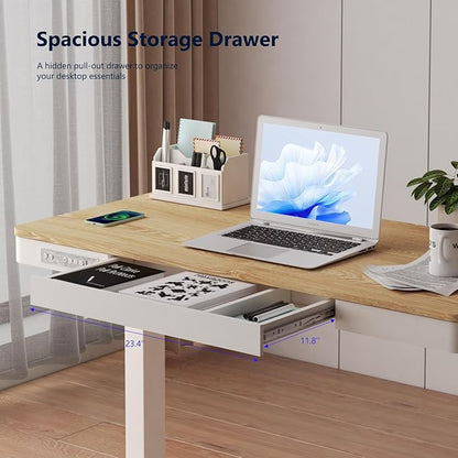 Standing Desk with Drawer and Wireless Charging,48x24 inch Dual Motor Standing Desk, Sit Stand Desk with Whole-Piece Desktop,Stand Up Desk for Home Office(White Oval Legs + Bamboo Top)