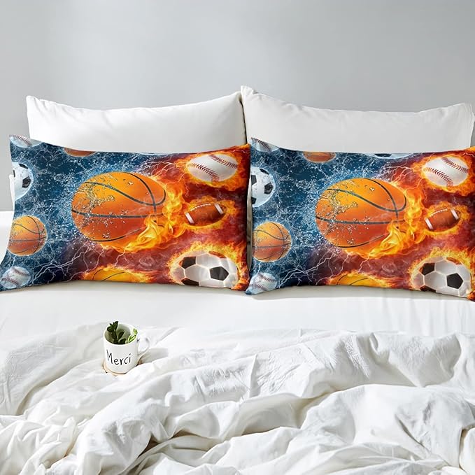 Erosebridal Sports Bedding Set for Boys Twin,Baseball Basketball Comforter Set Soccer Football Bedding Comforter Sets for Kids Teens Men,Red Blue Ice Fire Lightning Decor Quilt Duvet Set 2 Pcs
