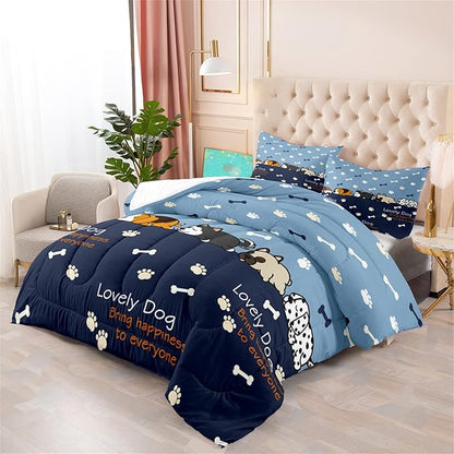 Bedding Set, 3Pcs Cartoon Dog Comforter Set for Boys, Queen Size, Lovely Puppy Patterns, Fun Animal Lover Quilt with 2 Pillowcases