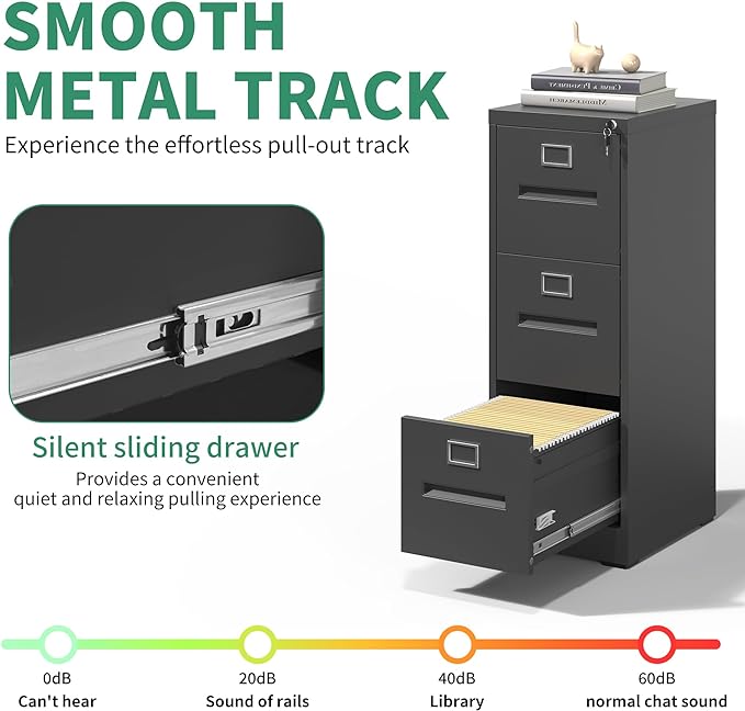 3 Drawer File Cabinet,Metal Filing Cabinets with Lock,Black Vertical File Cabinet for Home Office,Heavy Duty Metal Storage Cabinet for A4/Letter/Legal Size File,Assembly Required