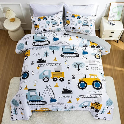 NTBED Construction Truck Full Comforter Set for Boys Kids Forest Vehicles Excavator Lightweight Microfiber Bedding Sets