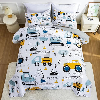 NTBED Construction Truck Twin Comforter Set for Boys Kids Forest Vehicles Excavator Tractor Lightweight Microfiber Cars Bedding Sets