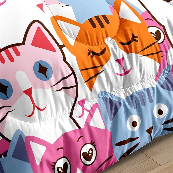 Cat Full Comforter Set for Bedroom - 3Pcs Colorful Cat Comforter Set for Teens Kids Cute Cartoon Cat Bedding Set Ultra Soft Warm Lightweight Kawaii Animal Patterns Comforter with 2 Pillowcases