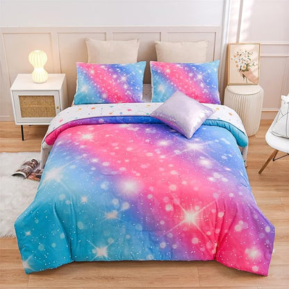 A Nice Night 6Pcs Gradient Glitter Bedding Set for Girls, Colorful Rainbow Galaxy Comforter Set, Ultra Soft Bedding Sets (Pink-Blue,Twin 6Pcs)