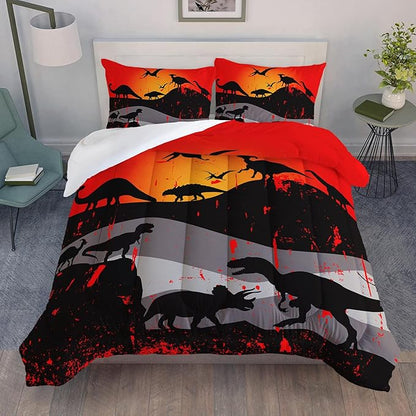 Cartoon Dinosaur Comforter Set Twin 3Pc Kawaii Dinosaur Bedding Set All Season with Tree, Leaf Decoration includes 1 Comforter, 2 Pillowcases for Kids Girls Teens