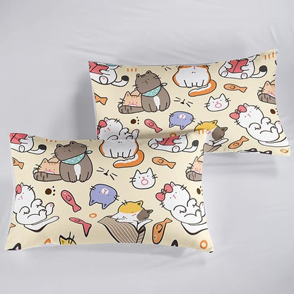 Kawaii Cat Comforter Queen,Kawaii Animals Comforter Set for Kids Teens Girls,3Pcs Bedding Set Printed Comforter with 2 Pillowcases,Down Alternative,Soft and Lightweight，Queen Size