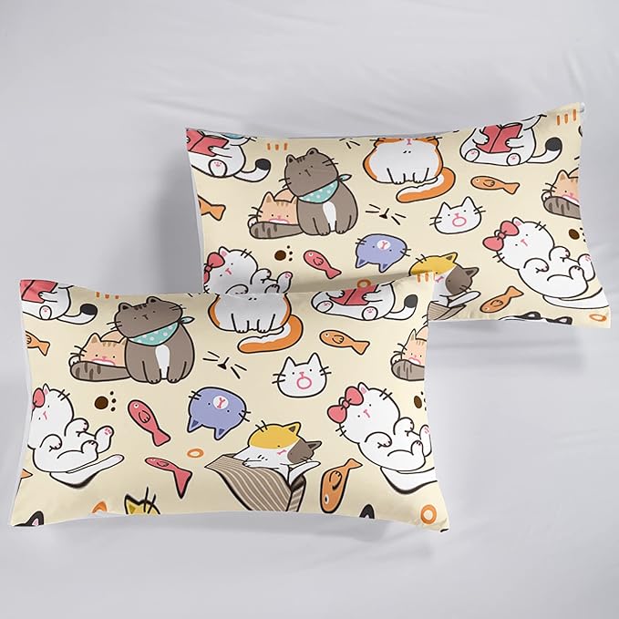 Kawaii Cat Comforter Twin,Kawaii Animals Comforter Set for Kids Teens Girls,3Pcs Bedding Set Printed Comforter with 2 Pillowcases,Down Alternative,Soft and Lightweight，Twin Size