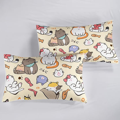 Kawaii Cat Comforter Twin,Kawaii Animals Comforter Set for Kids Teens Girls,3Pcs Bedding Set Printed Comforter with 2 Pillowcases,Down Alternative,Soft and Lightweight，Twin Size
