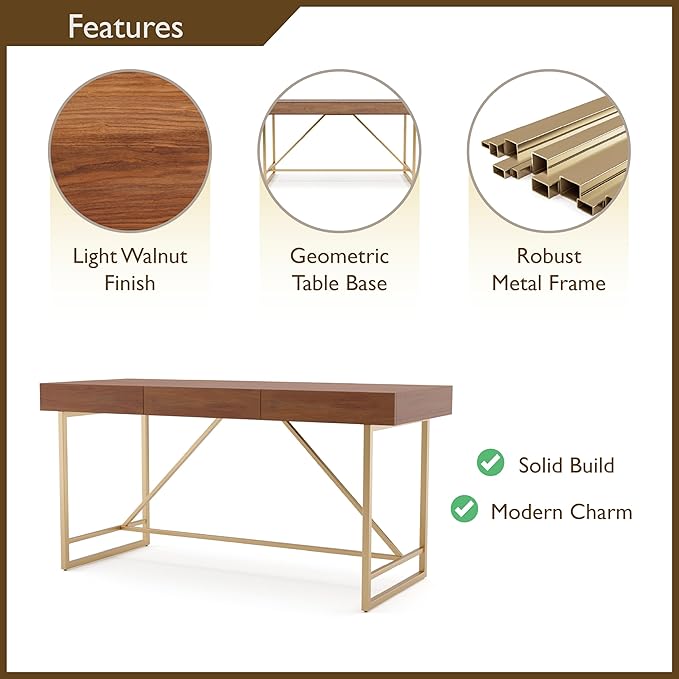 Lizon Modern 60 Inch Wood Desk with Drawers, Office Table with Storage, Vanity Without Mirror for Bedroom, Study Room, Dorm, 60-inch, Light Walnut Brown and Gold