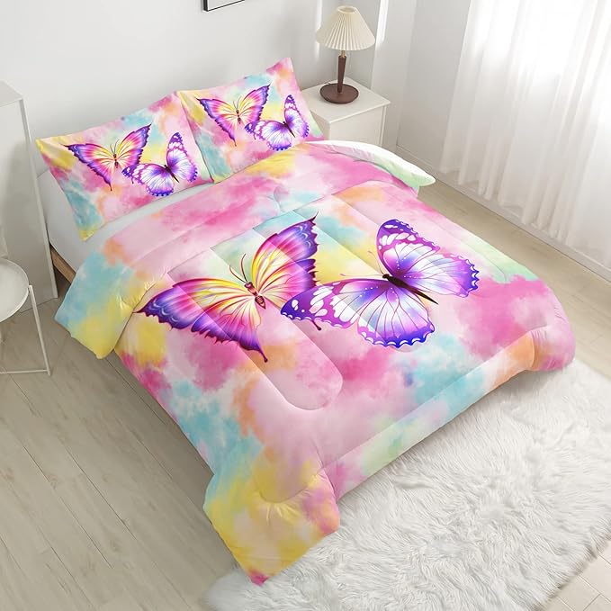CVHOUSE Butterfly Bedding Set,Butterfly Comforter Full,Butterfly Comforter Set for Girls Kids Teens,Butterflies Quilt Set with 1 Comforter and 2 Pillow Cases