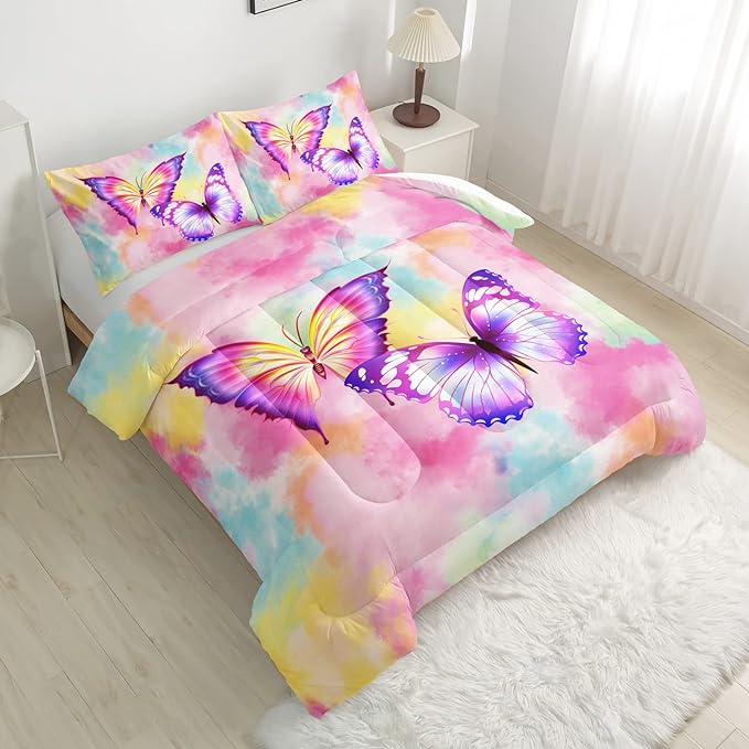 CVHOUSE Butterfly Bedding Set,Butterfly Comforter Queen,Butterfly Comforter Set for Girls Kids Teens,Butterflies Quilt Set with 1 Comforter and 2 Pillow Cases