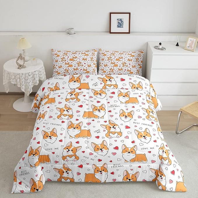 Kids Kawaii Corgi Comforter Set Toddler Cute Dog All Season Down Comforter Boys Girls Cartoon Puppy Dog Bedding Set Lovely Animal Quilt Set Room Decor 3Pcs with 2 Pillow Case Full Size