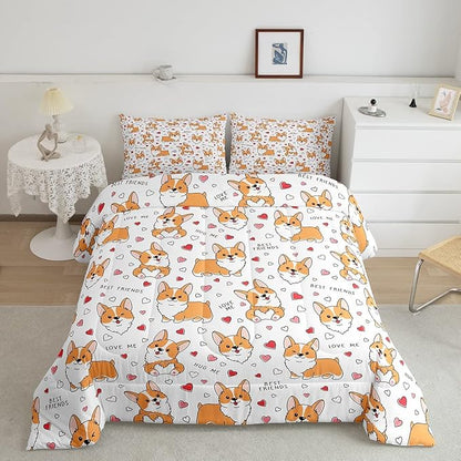 Feelyou Kids Kawaii Corgi Comforter Set Toddler Cute Dog All Season Down Comforter Boys Girls Cartoon Puppy Dog Bedding Set Lovely Animal Quilt Set Room Decor 2Pcs with 1 Pillow Case Twin Size