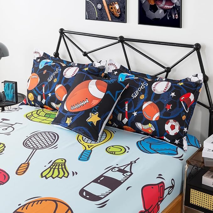 ADASMILE A & S Sports Comforter Set Twin for Boys Kids Bed in A Bag Comforter 6 Piece 3D Soccer Basketball Baseball Football Bedding Set for Kids Football Comforter with Sports Sheet Sets Home Decor