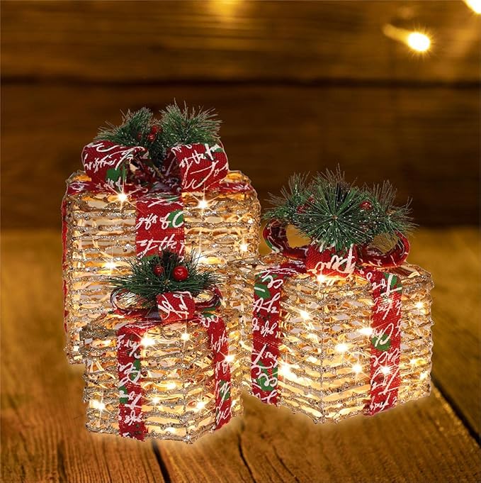 [Large 10"x8.5"x7" Christmas Set of 3 Lighted Rattan Gift Boxes Decorations Pre-lit 70 Super-Bright LED with Flashers,for Indoor Outdoor Pathway Holiday Party Home(Warm White)