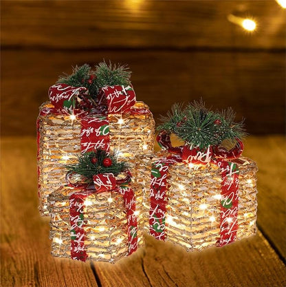 [Large 10"x8.5"x7" Christmas Set of 3 Lighted Rattan Gift Boxes Decorations Pre-lit 70 Super-Bright LED with Flashers,for Indoor Outdoor Pathway Holiday Party Home(Warm White)