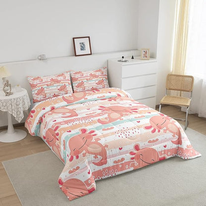 Cute Axolotl Comforter Set Full Size Rainbow Stripes Quilt Set Animal Theme Bedding Comforters 3pcs for Kids Teens Room Decor,Pink Romantic Soft Duvet Set with 2 Pillowcases