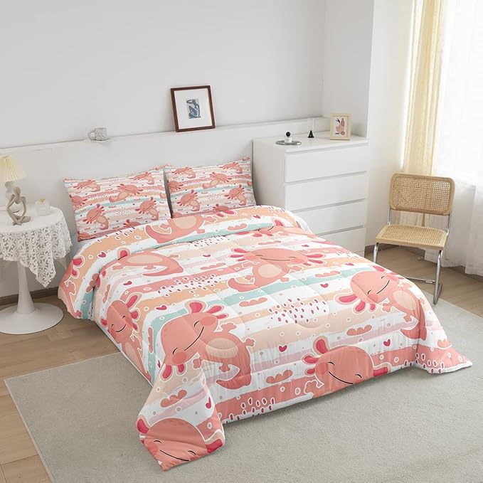 Cute Axolotl Comforter Set Queen Size Rainbow Stripes Quilt Set Animal Theme Bedding Comforters 3pcs for Kids Teens Room Decor,Pink Romantic Soft Duvet Set with 2 Pillowcases