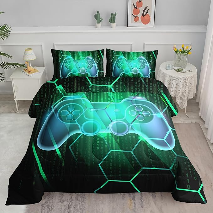 Axolotl Gamepad Comforter Set Twin Size,Number Video Gaming Gamer Bedding Set,Boys Game Console Comforter Set,Geometry Hexagonal Bedding Set for Teens Men Adults,1 Quilt 2 Pillowcases,Green Black