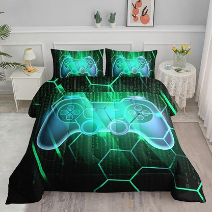 Axolotl Gamepad Comforter Set Twin Size,Number Video Gaming Gamer Bedding Set,Boys Game Console Comforter Set,Geometry Hexagonal Bedding Set for Teens Men Adults,1 Quilt 2 Pillowcases,Green Black