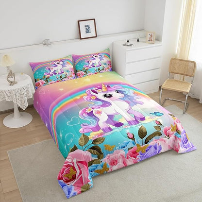 Cartoon Unicorn Kids Comforter Set King Size,Roses Flowers Butterfly Princess Bedding Set,Girls Women Room Decor,Rainbow Unicorn Cute Down Comforter,Pink Blue Romantic Duvet Insert,2 Pillowcases