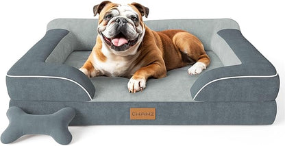 Large Dog Bed, Orthopedic with Cooling Gel Memory Foam, Waterproof with Removable Washable Cover, 36" Dog Sofa Couch Dutch Velvet with Bone Toy, Dark Gray