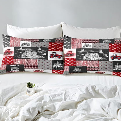Erosebridal Red Tractor Bedding Set for Boys Queen,Construction Tractor Comforter Set Kids Teens Equipment Trucks Down Comforter Black White Construction Vehicle Quilt Set Bedroom Decor