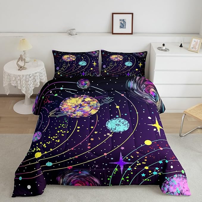 Feelyou Solar System Comforter Set Twin Size Outer Space Comforter for Kids Teens Adults Universe Planets Bedding Set Cute Astronaut Purple Duvet Set Room Decor 2Pcs with 1 Pillow Case