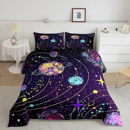 Feelyou Solar System Comforter Set Twin Size Outer Space Comforter for Kids Teens Adults Universe Planets Bedding Set Cute Astronaut Purple Duvet Set Room Decor 2Pcs with 1 Pillow Case
