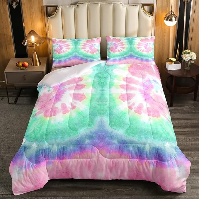 Erosebridal Kids Tie Dye Comforter Set, Bohemian Psychedelic Duvet Sets King Size for Girls Boys Teens Women Bedroom, Boho Gypsy Spiral Bedding Set Watercolor Trippy Duvet Insert, Pink Teal Blue