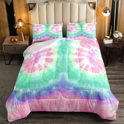 Erosebridal Kids Tie Dye Comforter Set, Bohemian Psychedelic Duvet Sets Queen Size for Girls Boys Teens Women Bedroom, Boho Gypsy Spiral Bedding Set Watercolor Trippy Duvet Insert, Pink Teal Blue